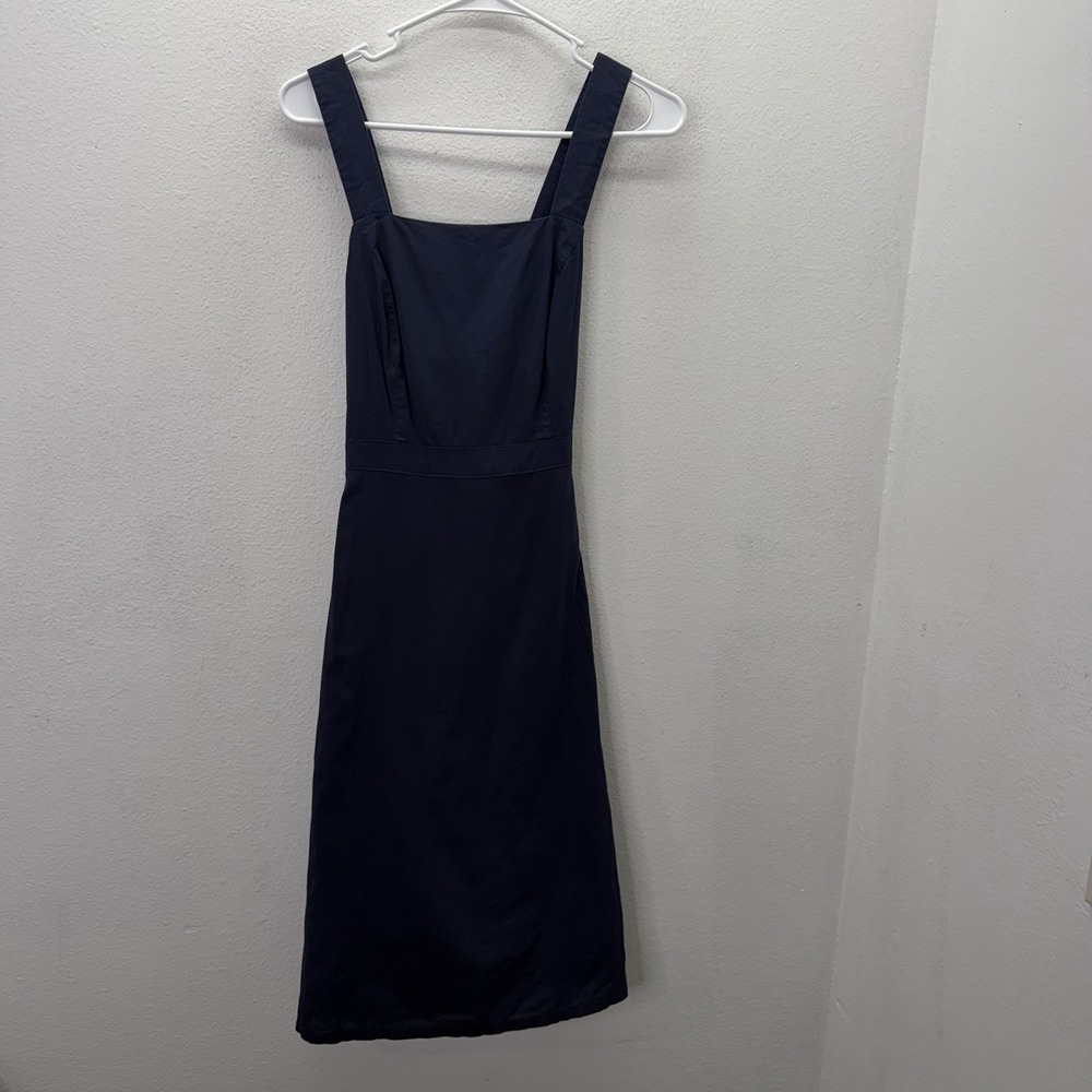 BANANA REPUBLIC 100% Organic Cotton Smocked Pinafore Midi Dress Sz 4 Poplin Navy